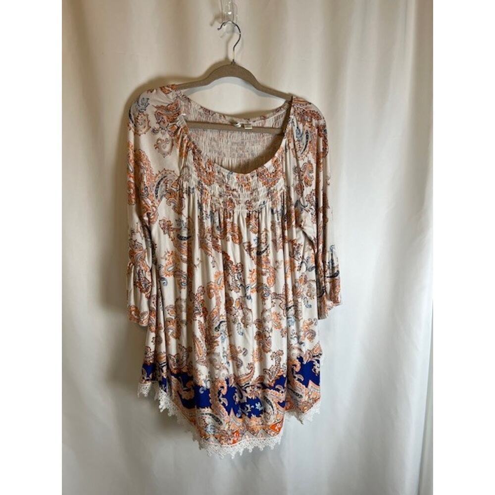 Cato EST 1946 Blue Orange Jersey Peasant Top Lace Edging Ruffle Sleeve Sz 14/ 18